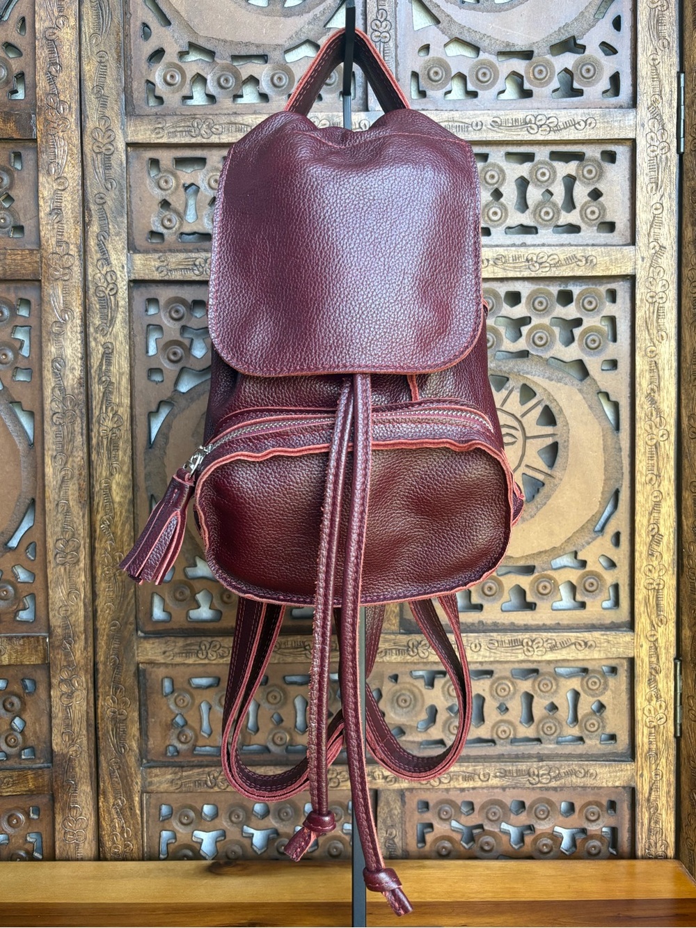 Handmade 100% Leather Mini Burgundy Backpack - Includes Leather Key Holder
